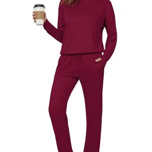 Mock Neck Sweatsuit Set with Thumb Holes, High Waist Sweatpants, 55% Rayon Blend